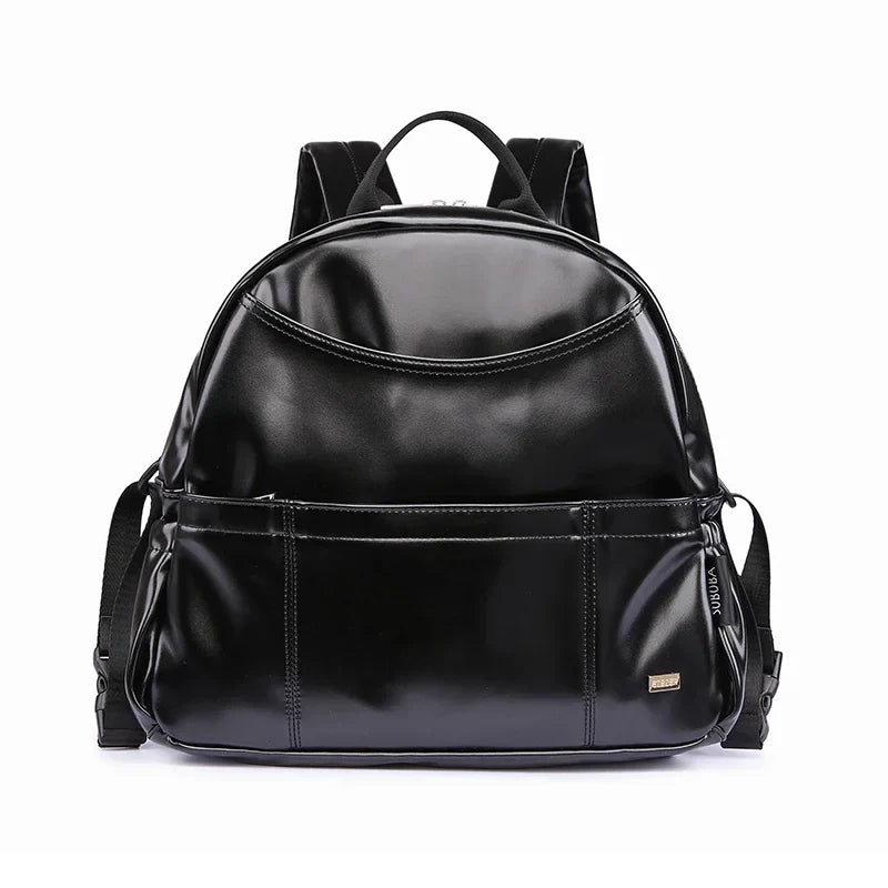 Modern Mommy Diaper Backpack in black PU leather, an elegant and functional baby bag
