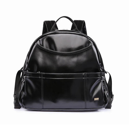 Modern Mommy Diaper Backpack in black PU leather, an elegant and functional baby bag