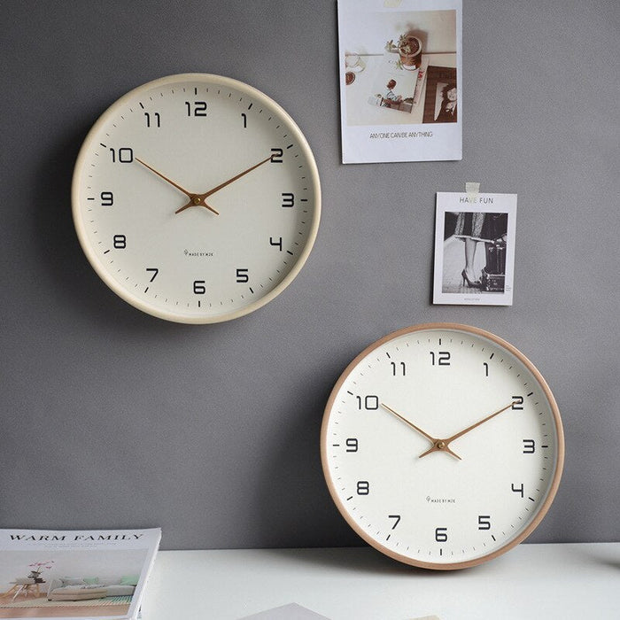 Modern natural wood wall clock, silent design for living room decor. Stylish wooden accent clock.