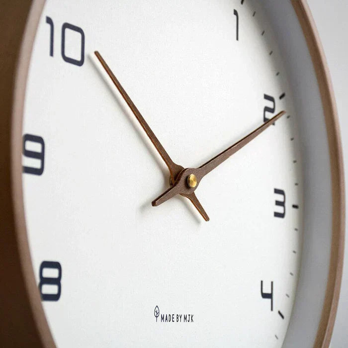 Silent wooden wall clock, contemporary design for home decor. Natural wood accent clock for living room or office.