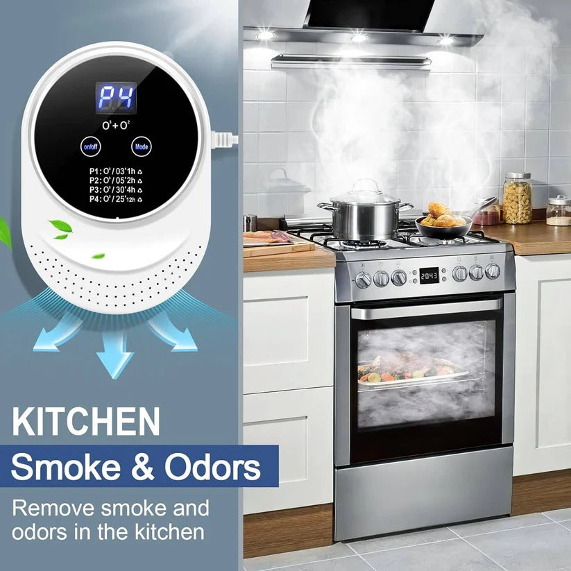 Household air cleaner & odor control device. Programmable for fresh, clean indoor air and pet odor elimination.