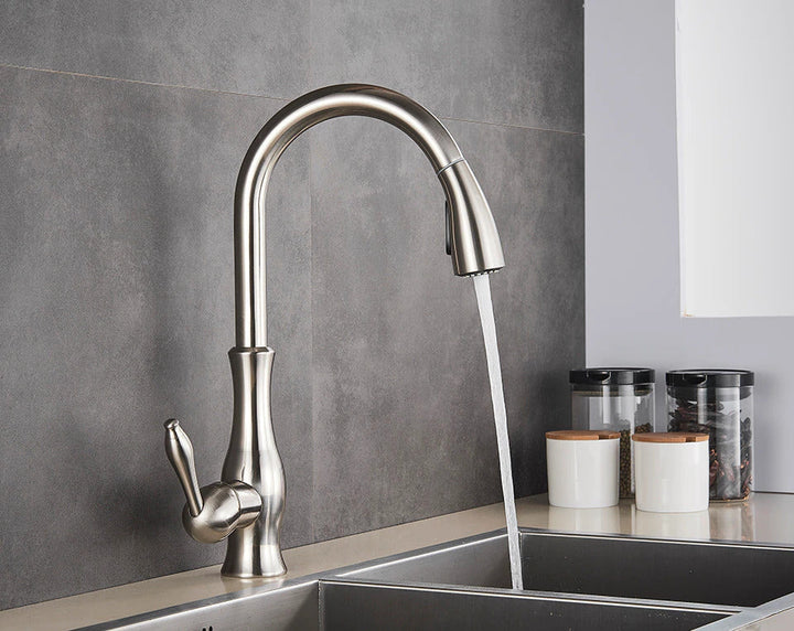 Modern retractable kitchen pull-out faucet, perfect for a sleek kitchen sink upgrade.
