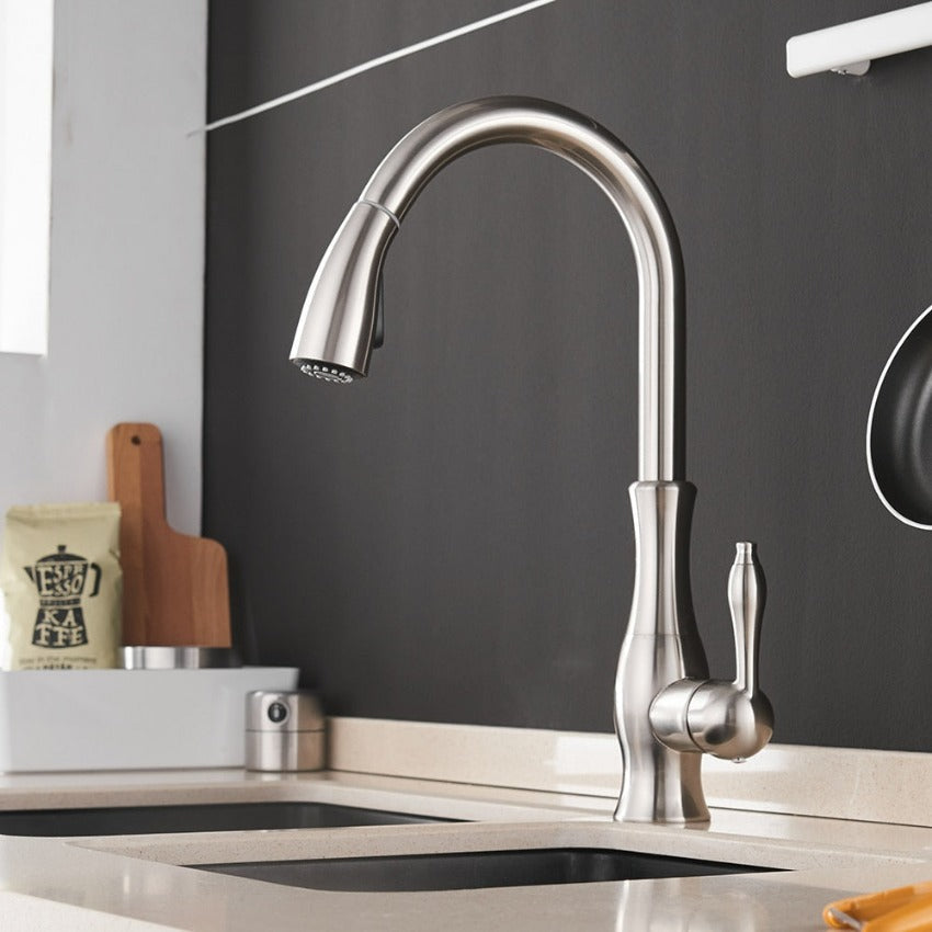 Stainless steel pull-out kitchen faucet with a flexible, modern design for any sink.
