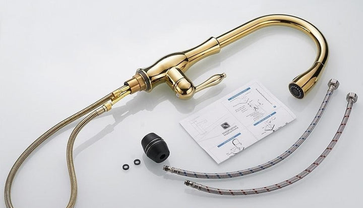High-arc pull-out kitchen faucet, modern retractable design in stainless steel for home improvement.