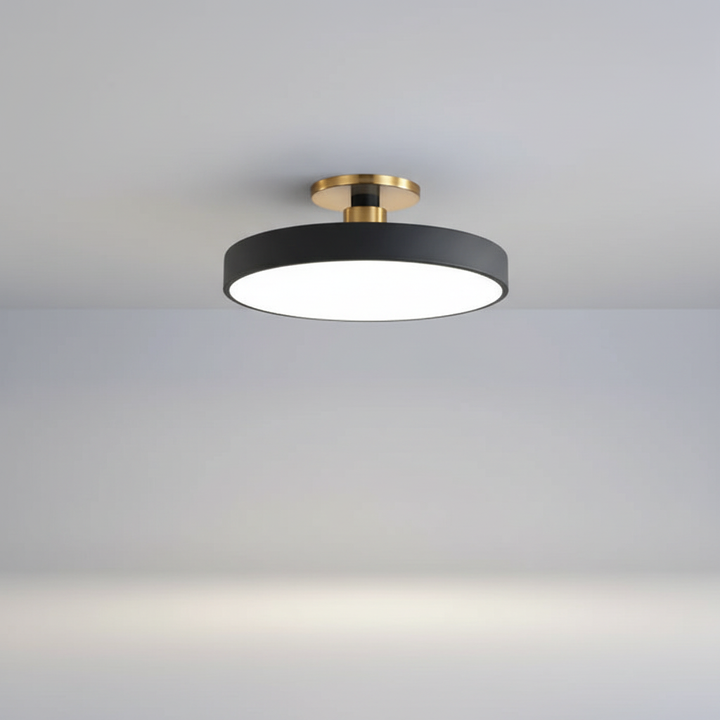 Minimalist semi-recessed LED ceiling light. Glare-free illumination ideal for bedroom or kids room.