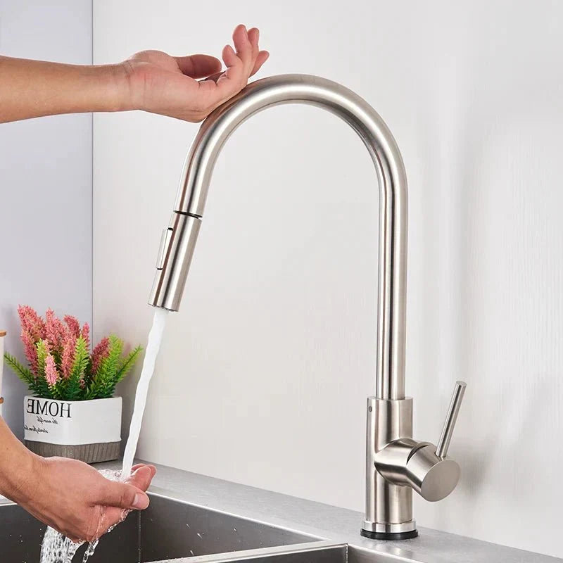 Stainless steel kitchen faucet with a convenient pull-out sprayer, ideal for versatile washing and rinsing.