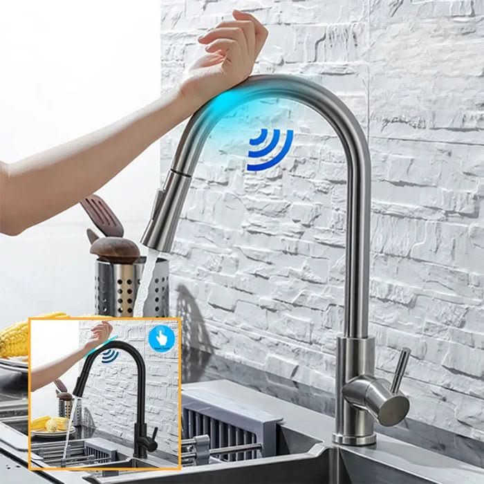 Hygienic touchless kitchen faucet with smart sensor and pull-out sprayer, perfect for a modern home.