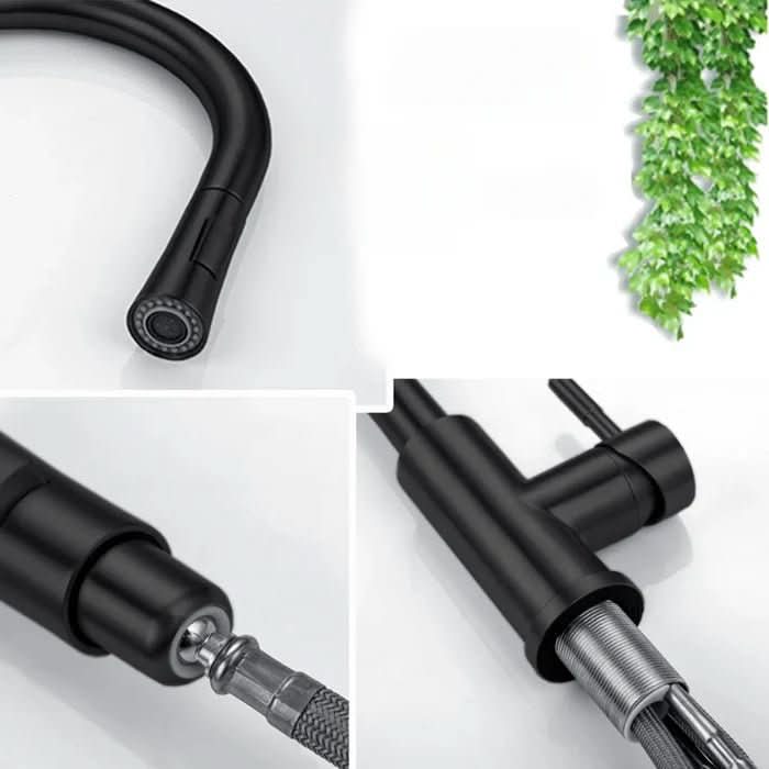 Close-up of a contemporary smart sensor kitchen faucet with its flexible pull-out sprayer extended.