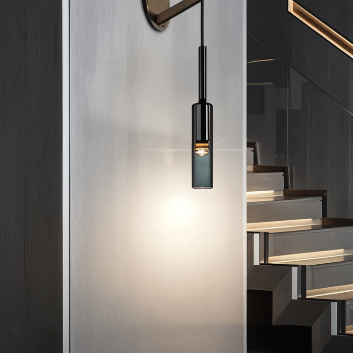 Modern smoke glass wall lamp, minimalist design, elegant interior light. Orvane LED ambient lighting.