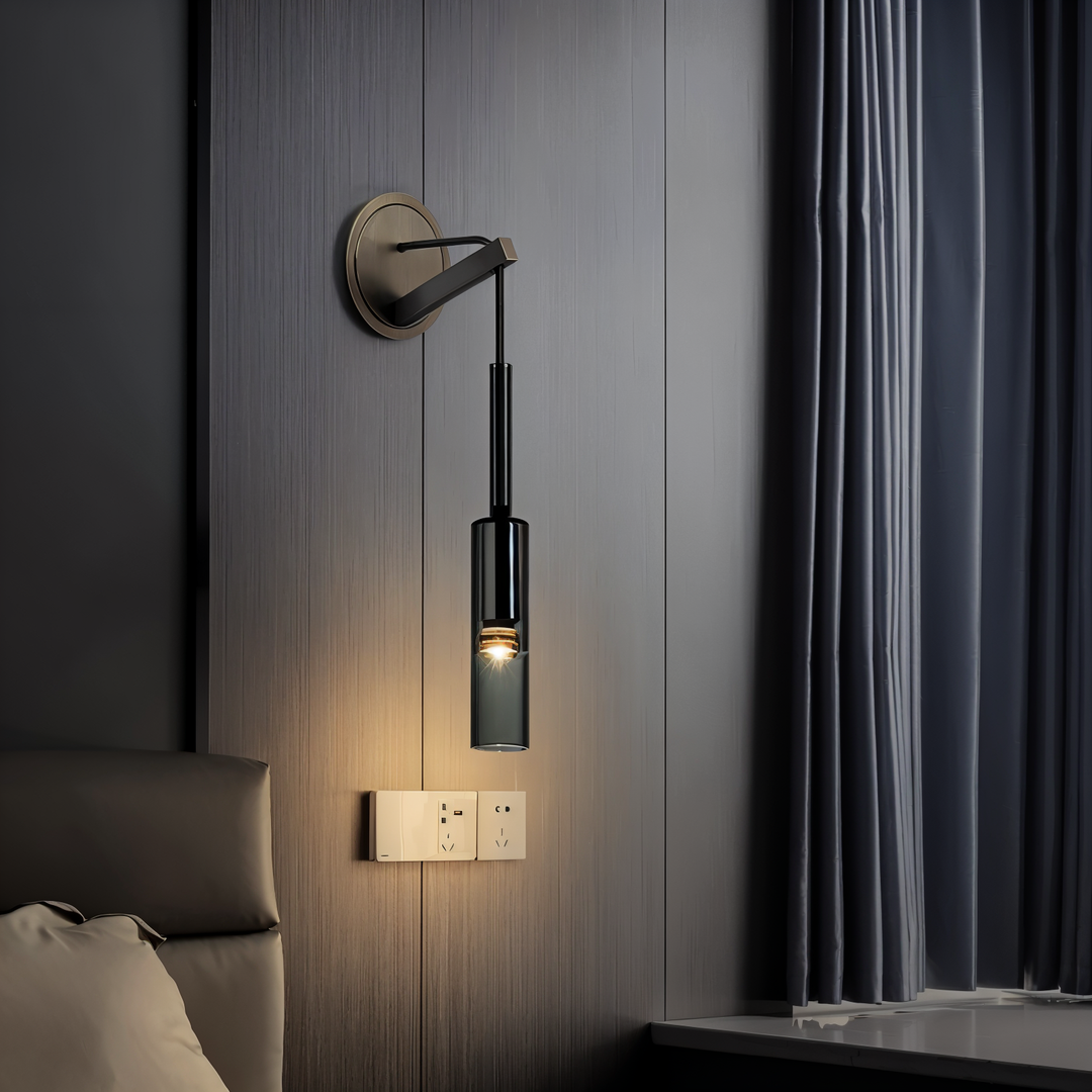 Orvane minimalist smoke glass wall lamp, modern design, copper finish, ideal ambient LED light & home decor.
