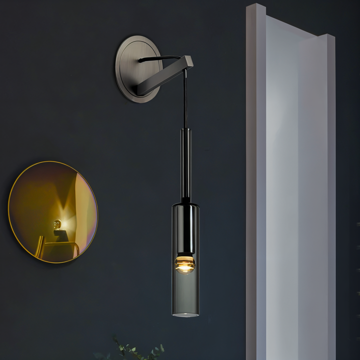 Modern interior wall lamp, smoke glass & copper finish, minimalist design for ambient LED lighting.