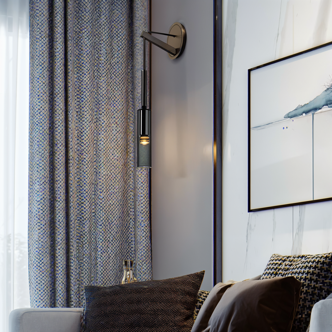 Modern minimalist Orvane wall lamp with smoke glass shade and copper details. Elegant LED light.