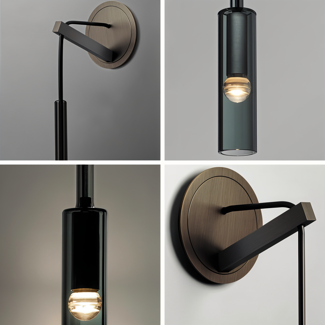 Ambient LED wall light, smoke glass shade, modern design, perfect for elegant interior design & decor.