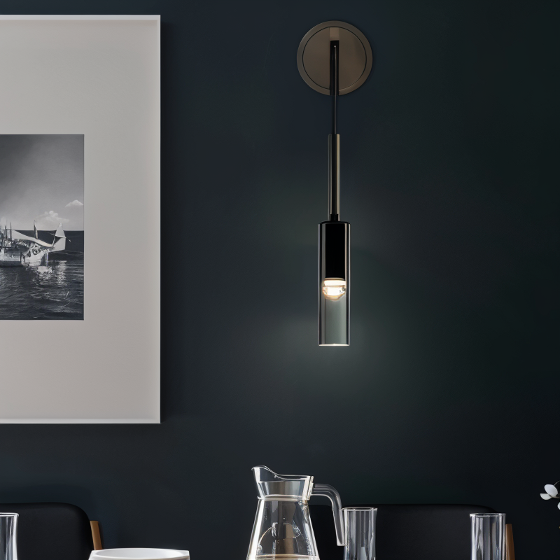 Stylish Orvane modern smoke glass wall lamp, minimalist copper design, ambient LED lighting. Home decor.