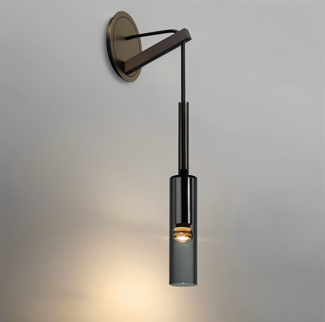Sleek modern wall lamp, smoke glass shade, minimalist aesthetic, ideal for contemporary decor & LED light.