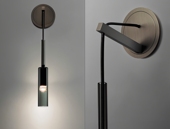 Minimalist wall lamp with smoke glass, LED lighting, copper finish, modern home accent for elegant rooms.
