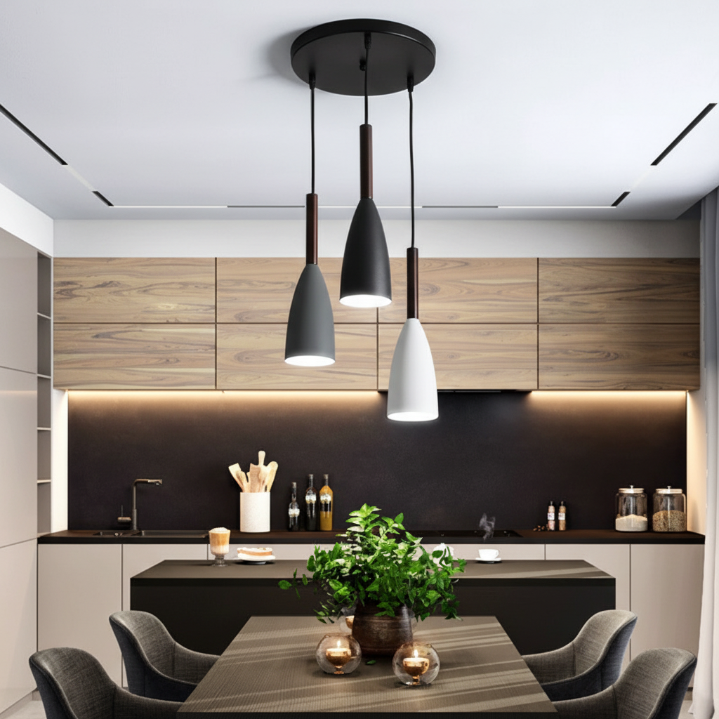 Modern triple pendant light with Scandinavian design for kitchen island.