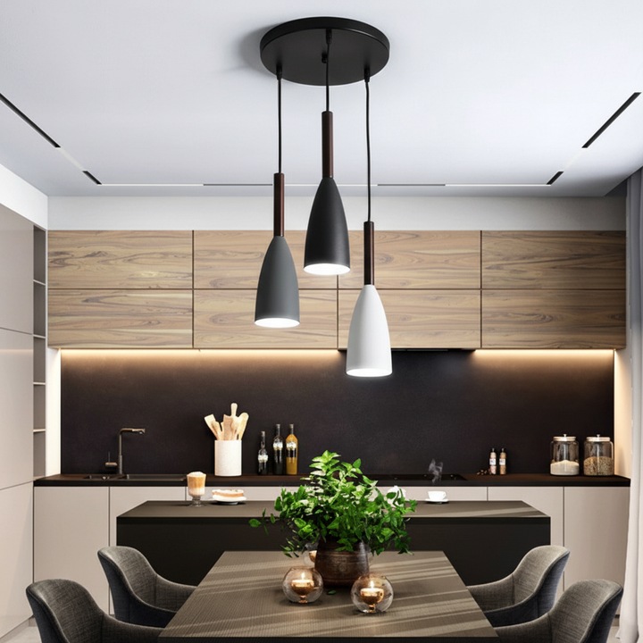 Modern triple pendant light with Scandinavian design for kitchen island.