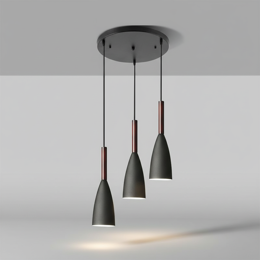 Contemporary triple pendant light, dimmable, with aluminum wood details.