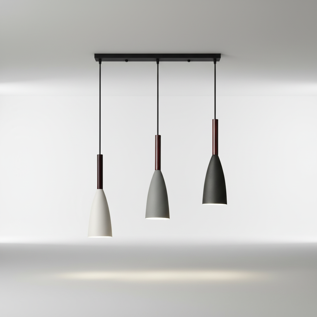 Contemporary minimalist triple pendant, ideal for kitchen island lighting.