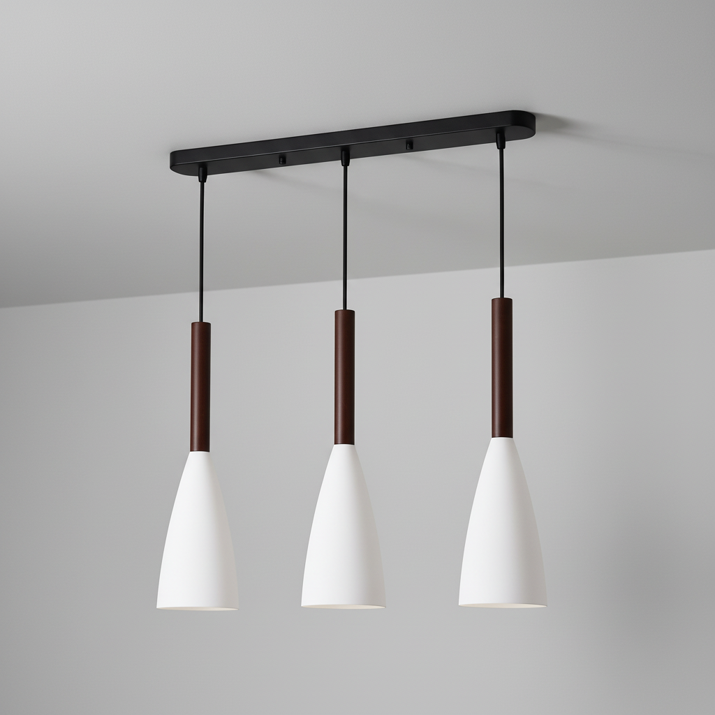 Elegant aluminum wood ScandiBeam pendant light for dining areas.