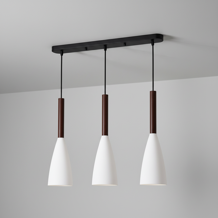 Elegant aluminum wood ScandiBeam pendant light for dining areas.