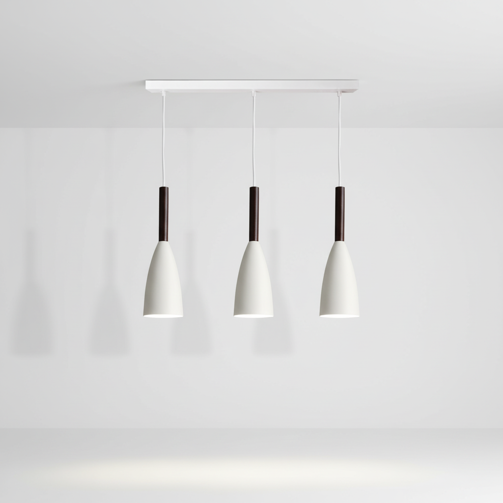 Dimmable triple ceiling light, ScandiBeam, for kitchen island illumination.
