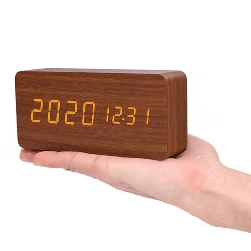 Close-up of the modern voice-activated LED digital clock display, showing clear, bright time digits.