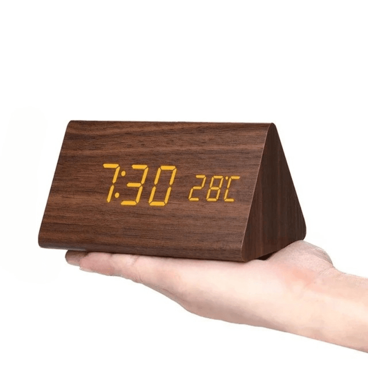 High-tech voice-controlled LED digital clock, combining smart features with minimalist modern design.