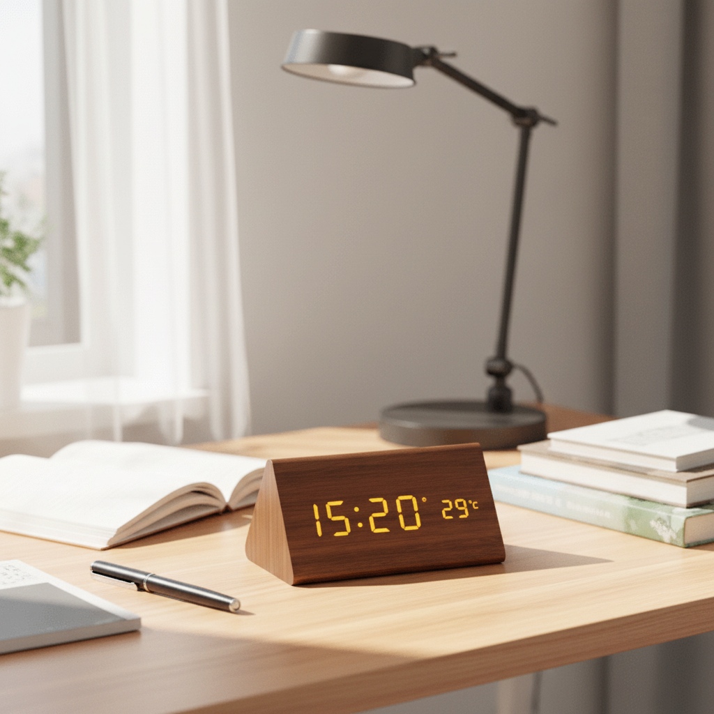 Smart voice-controlled LED digital clock. Perfect minimalist desk accessory for modern offices & bedrooms.