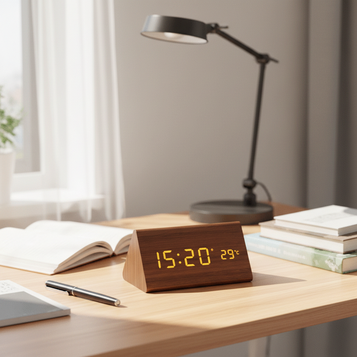 Smart voice-controlled LED digital clock. Perfect minimalist desk accessory for modern offices & bedrooms.
