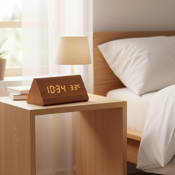 Bright LED digital clock. Shows time clearly, a modern aesthetic table accessory for any room.