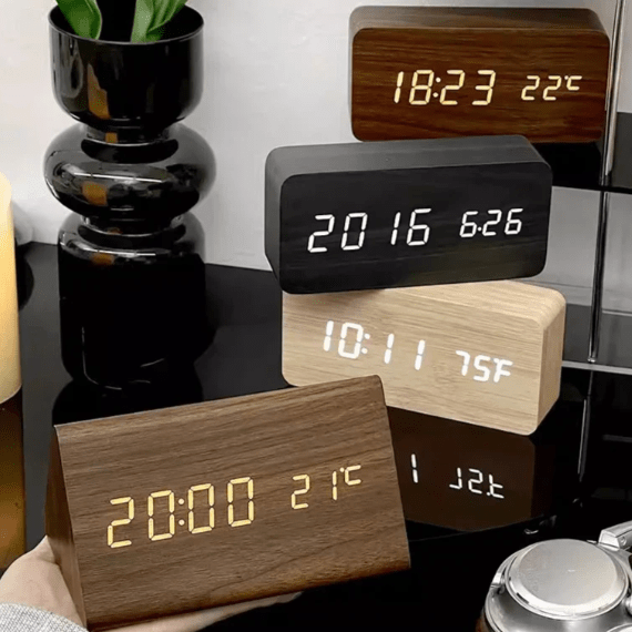 Contemporary voice-activated LED alarm clock. A stylish, minimalist piece for modern home and office decor.
