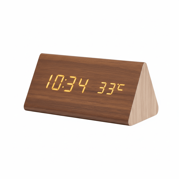Voice-activated LED digital alarm clock with a modern display, perfect for stylish, timely mornings.