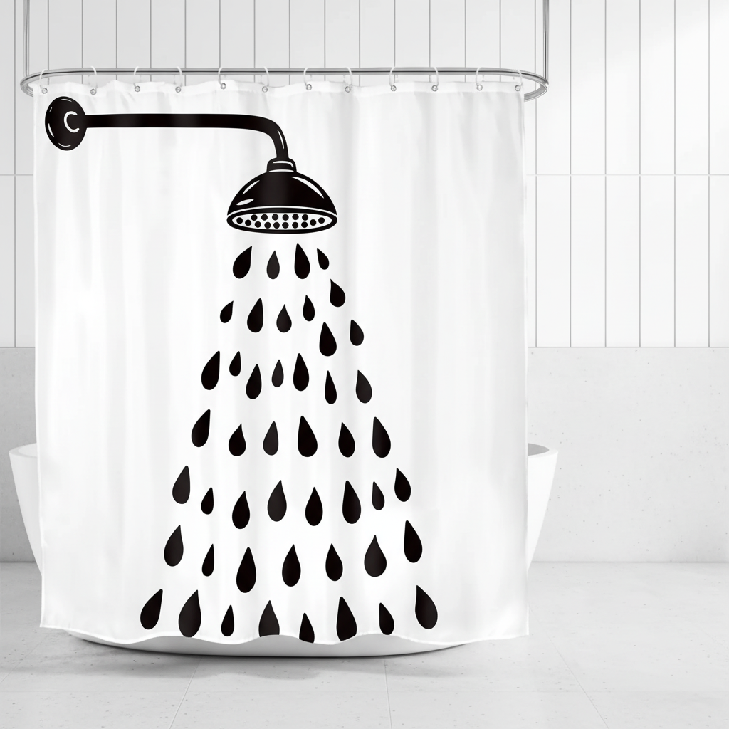 Modern waterdrop shower curtain for contemporary bathroom decor. Stylish white & black minimalist design.