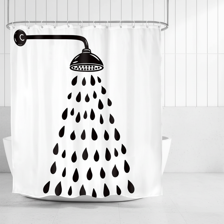 Modern waterdrop shower curtain for contemporary bathroom decor. Stylish white & black minimalist design.