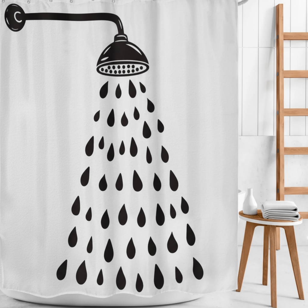 Minimalist white and black waterdrop shower curtain. Contemporary polyester bathroom decor, easy to clean.