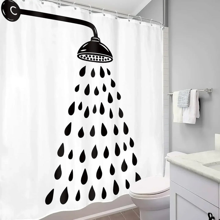 Contemporary white black shower curtain with unique waterdrop pattern. Ideal for a stylish guest bathroom.