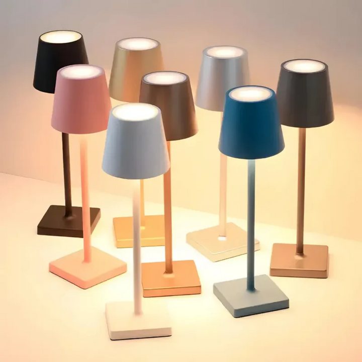 Portable LED table lamp with dimmable light, modern design for both indoor and outdoor settings.