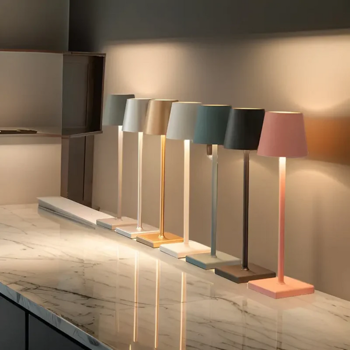Rechargeable modern wireless table lamp, LED and dimmable, perfect for ambient lighting anywhere.