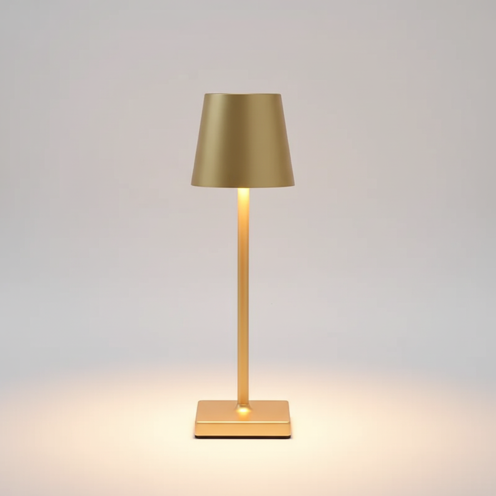 Compact modern dimmable LED lamp, wireless and portable, ideal for outdoor evening ambiance.