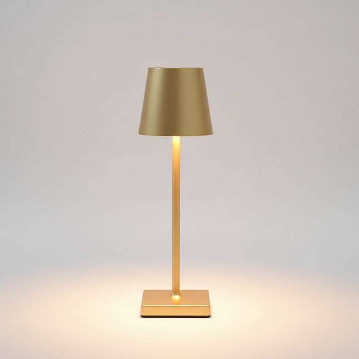Compact modern dimmable LED lamp, wireless and portable, ideal for outdoor evening ambiance.