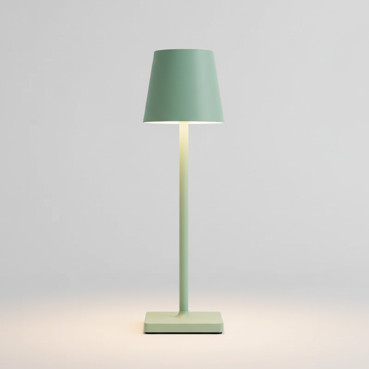 Elegant wireless LED desk lamp, dimmable and rechargeable, providing focused or ambient light.