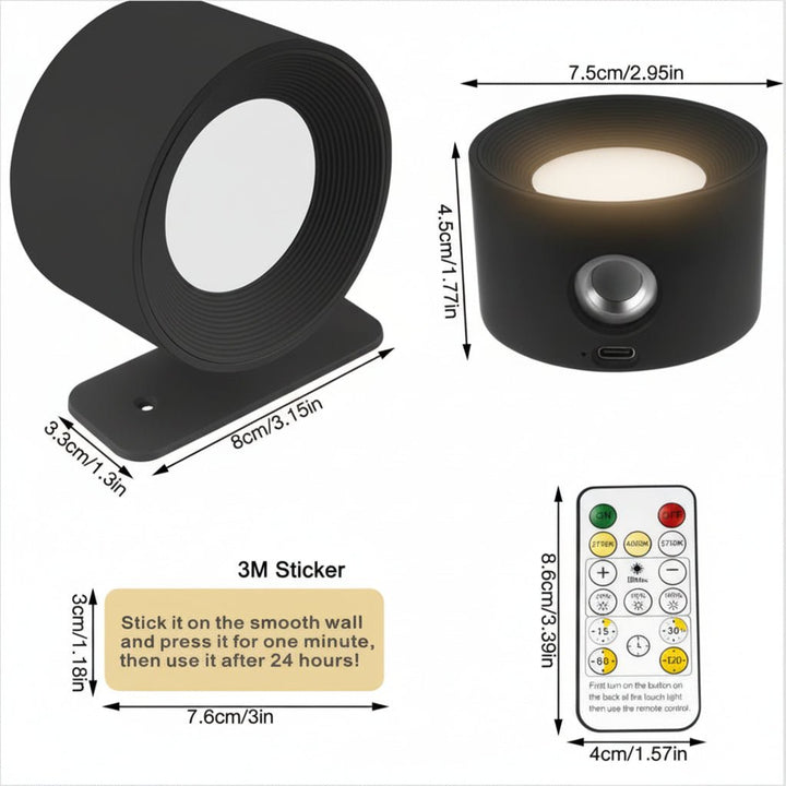 Modern cordless wall light, easy install, remote control for adjustable LED ambient lighting.