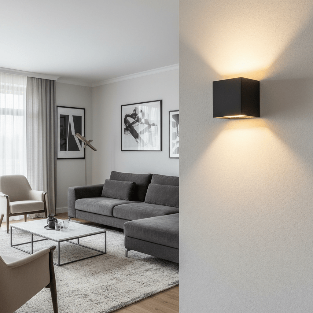 Sleek modern wireless LED wall light, perfect for bedroom accent lighting. Adjustable beam for custom decor.
