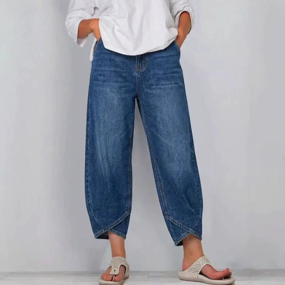 Modern women's barrel leg cropped jeans, mid-rise for a relaxed, stylish fit. Perfect for casual everyday wear.
