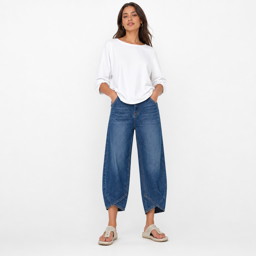 Comfortable women's barrel leg cropped jeans. Modern mid-rise denim for a relaxed and stylish everyday fit.