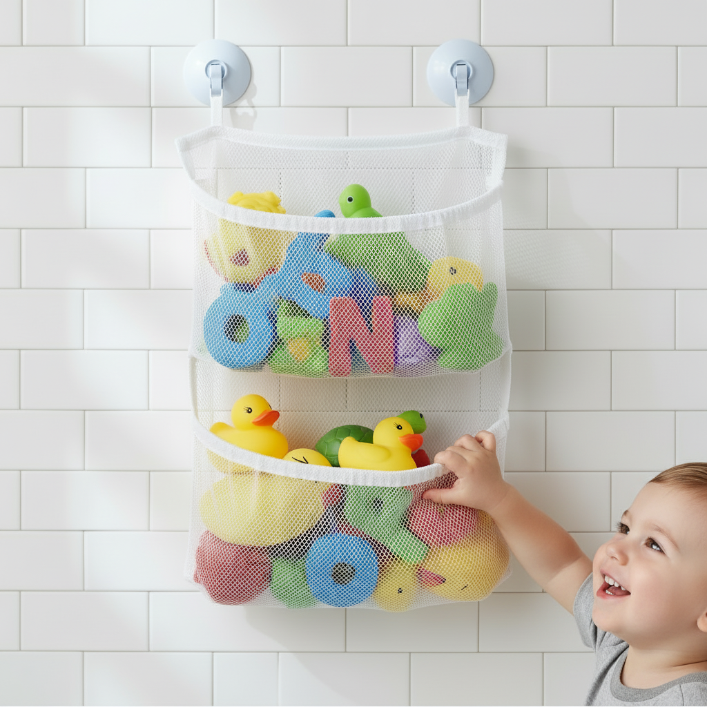Mold-Free Bath Toy Organizer Storage Net for kids' toys, quick dry mesh with strong suction cups