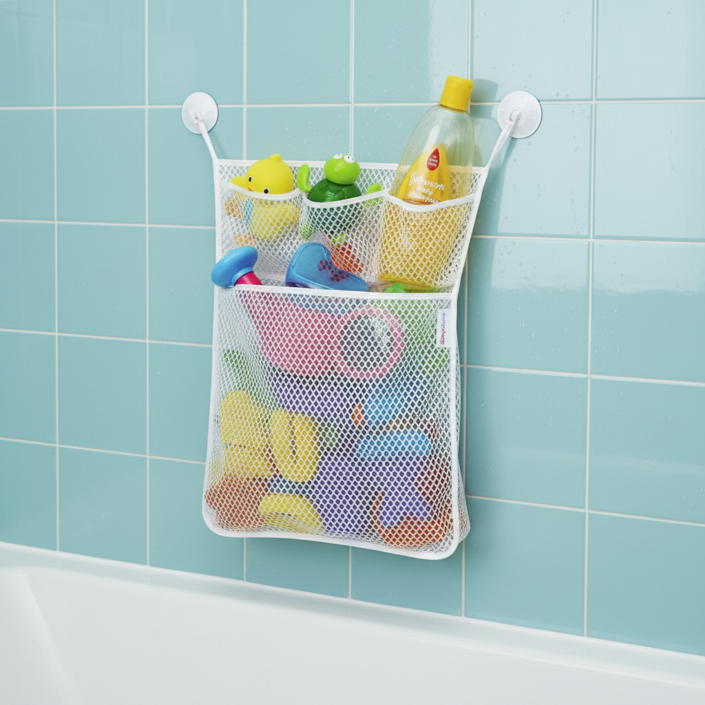 White quick-dry mesh bath toy organizer with suction cups, perfect for mold-free kids bathroom storage