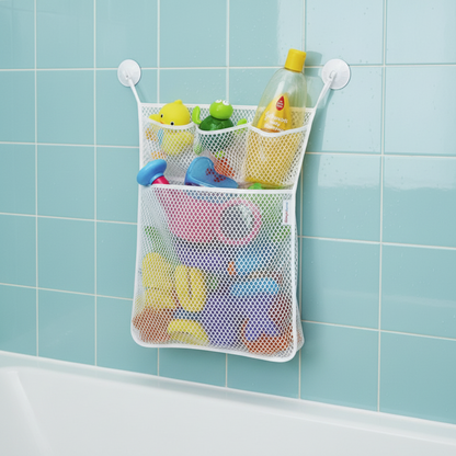 White quick-dry mesh bath toy organizer with suction cups, perfect for mold-free kids bathroom storage